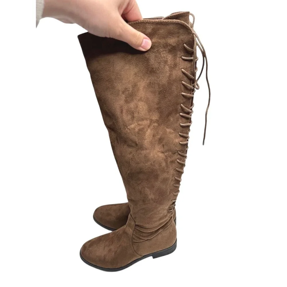 French Connection Brown Vegan Suede Lace Up Over The Knee Boots Low Heel Size 6